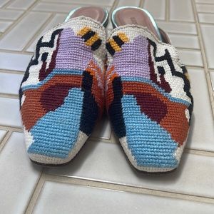 Rachel Comey tapestry mules w metallic blue leather.
